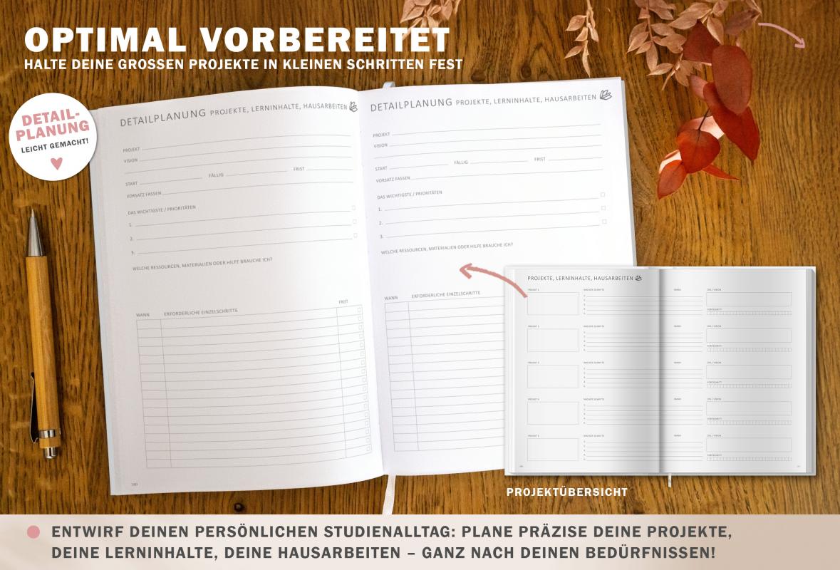 Studienkalender für Semester 2024 2025, weiß beige mit Blumen, mit Monatskalender und zwei Seiten für die Wochenplanung